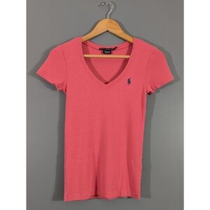 Ralph Lauren Sport Pink V-Neck Short Sleeve Tee 100% Cotton Women Small